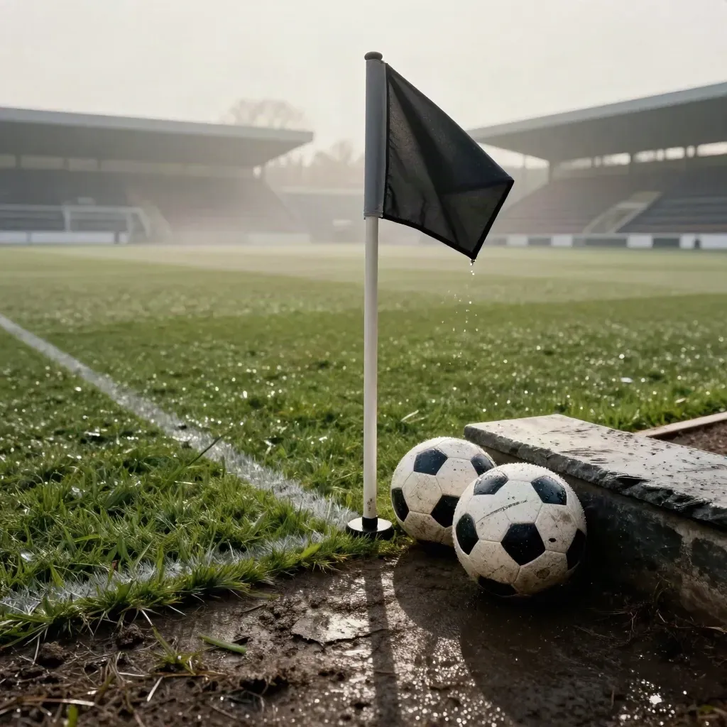 Banderín de córner bajo la lluvia junto a balones de repuesto y la banda del campo.