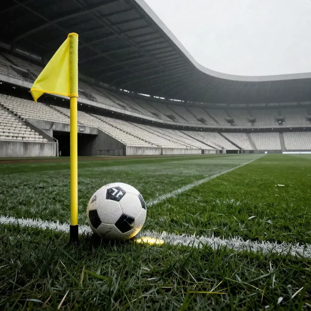 Balón blanco sobre césped mojado ante el estadio, con bandera amarilla y niebla.