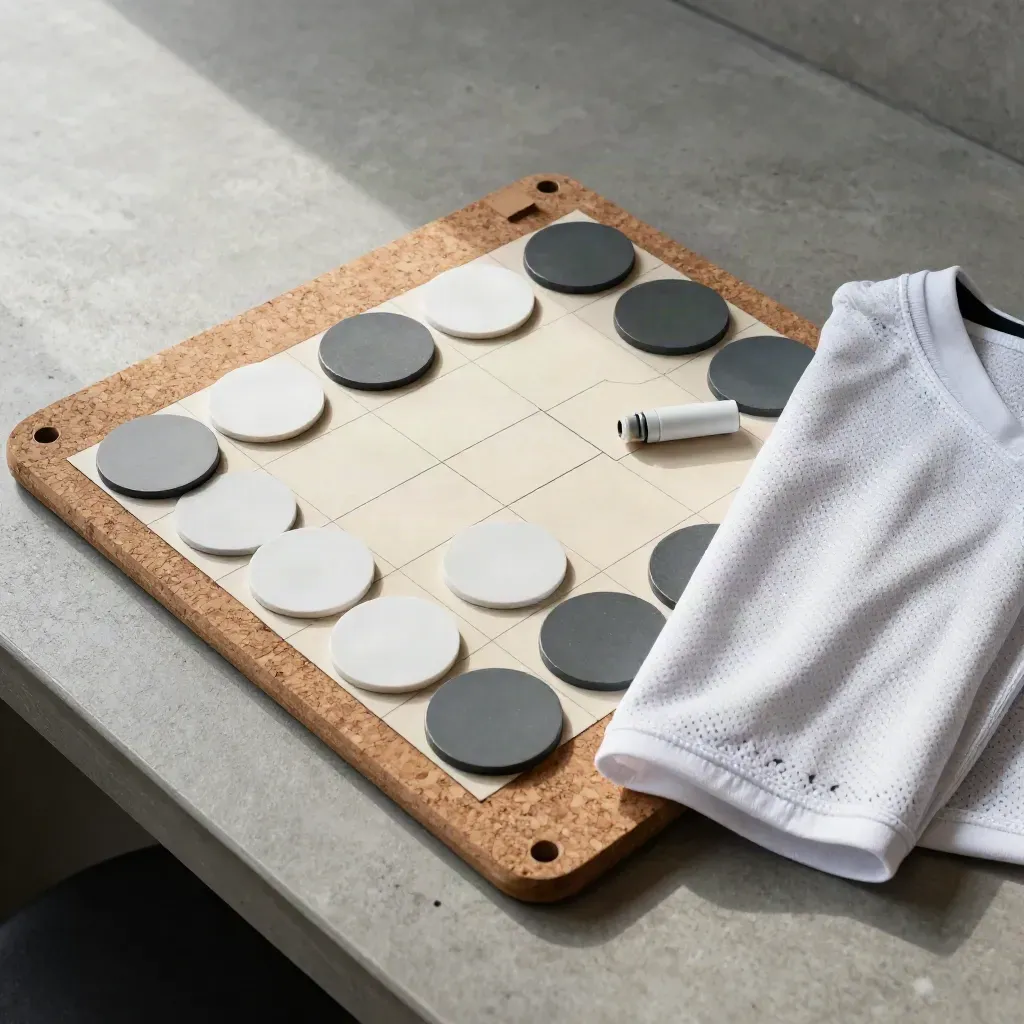 Tablero táctico de corcho con fichas magnéticas y un capuchón en movimiento sobre mesa gris.