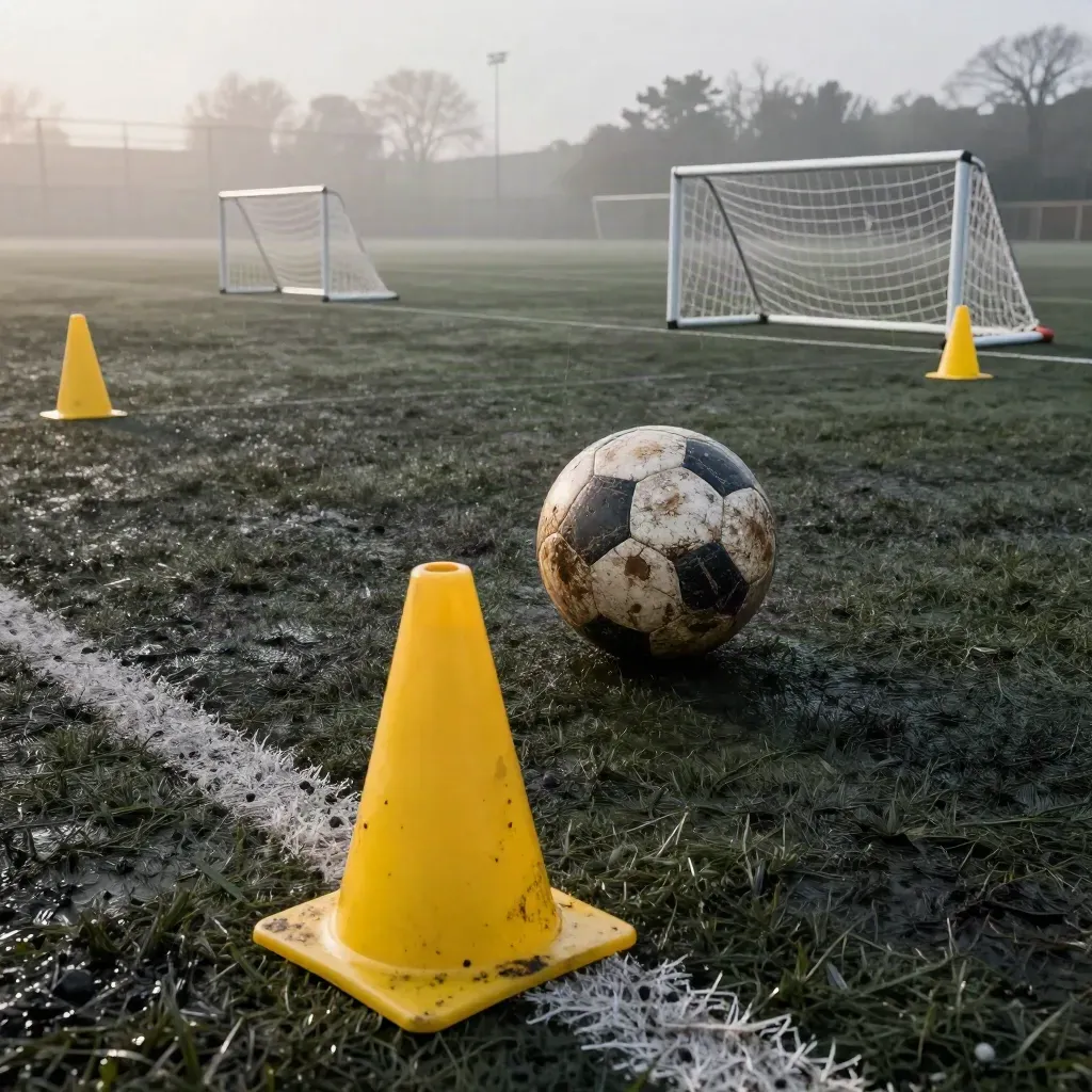 Conos amarillos, balón gastado y miniporterías sobre una pista de entrenamiento mojada.