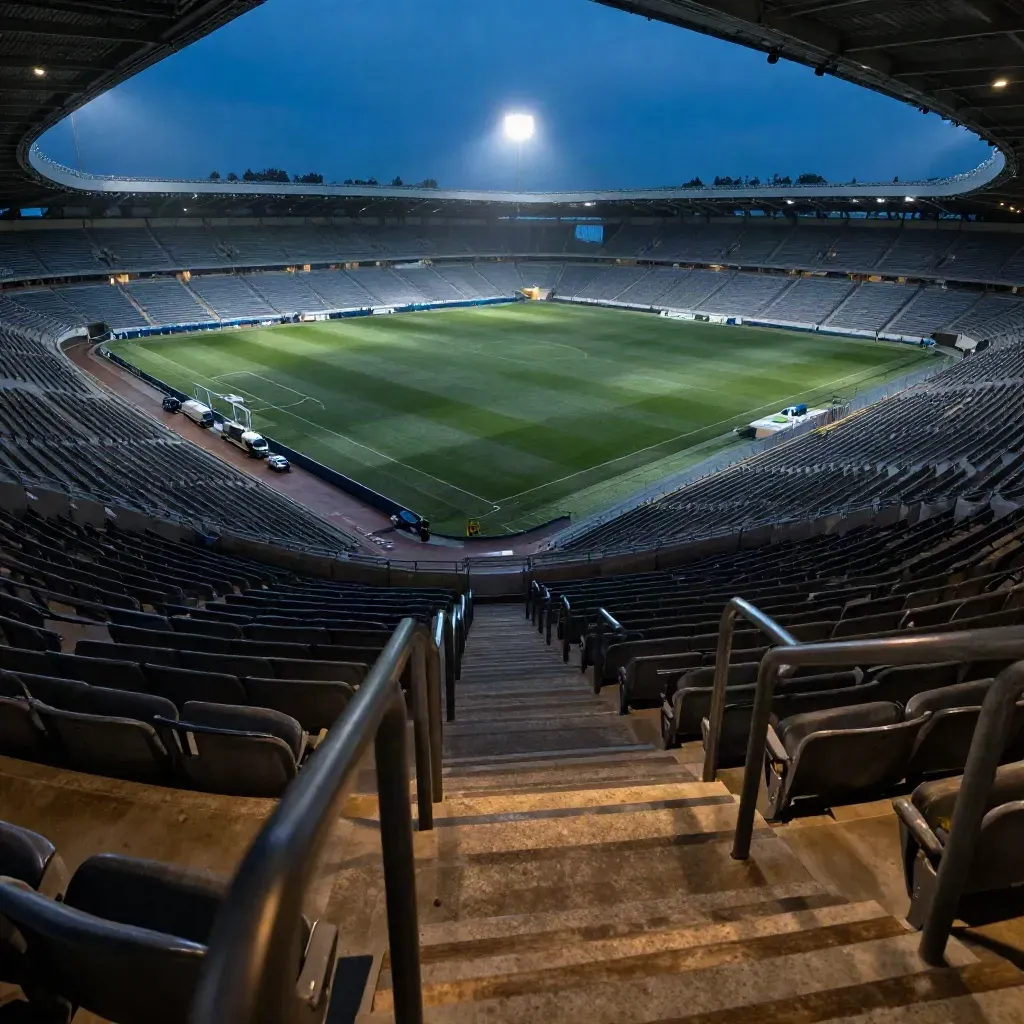 Vista del estadio vacío al atardecer con focos encendiéndose y acceso al campo.