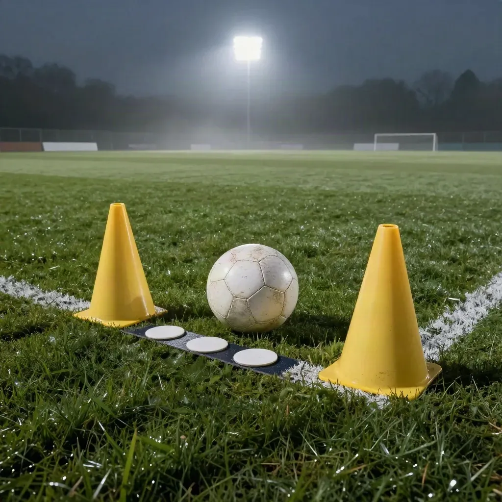 Esquina de entrenamiento con conos amarillos, balón blanco y marcadores tácticos sobre césped con niebla