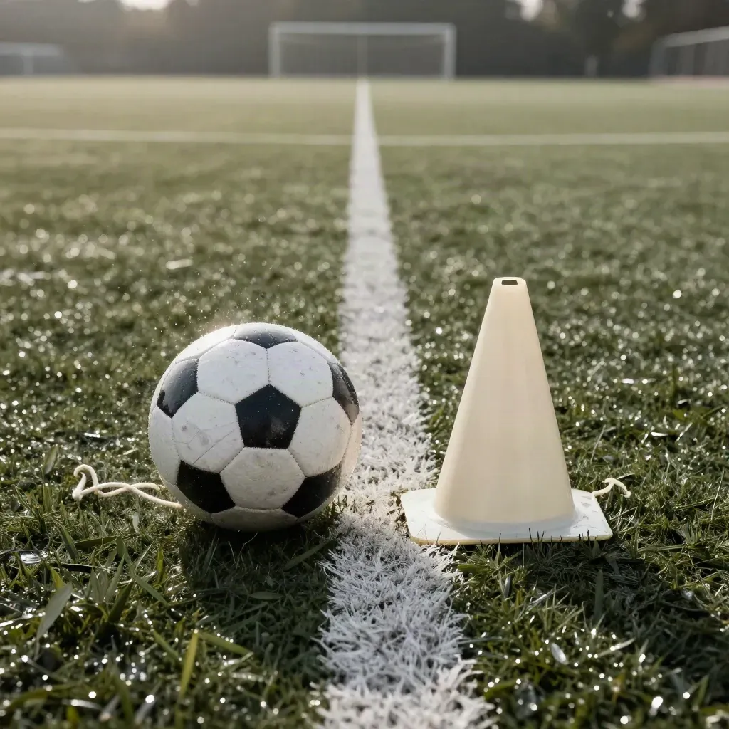 Balón, cono y cordón gastado junto a la línea de banda sobre césped mojado.