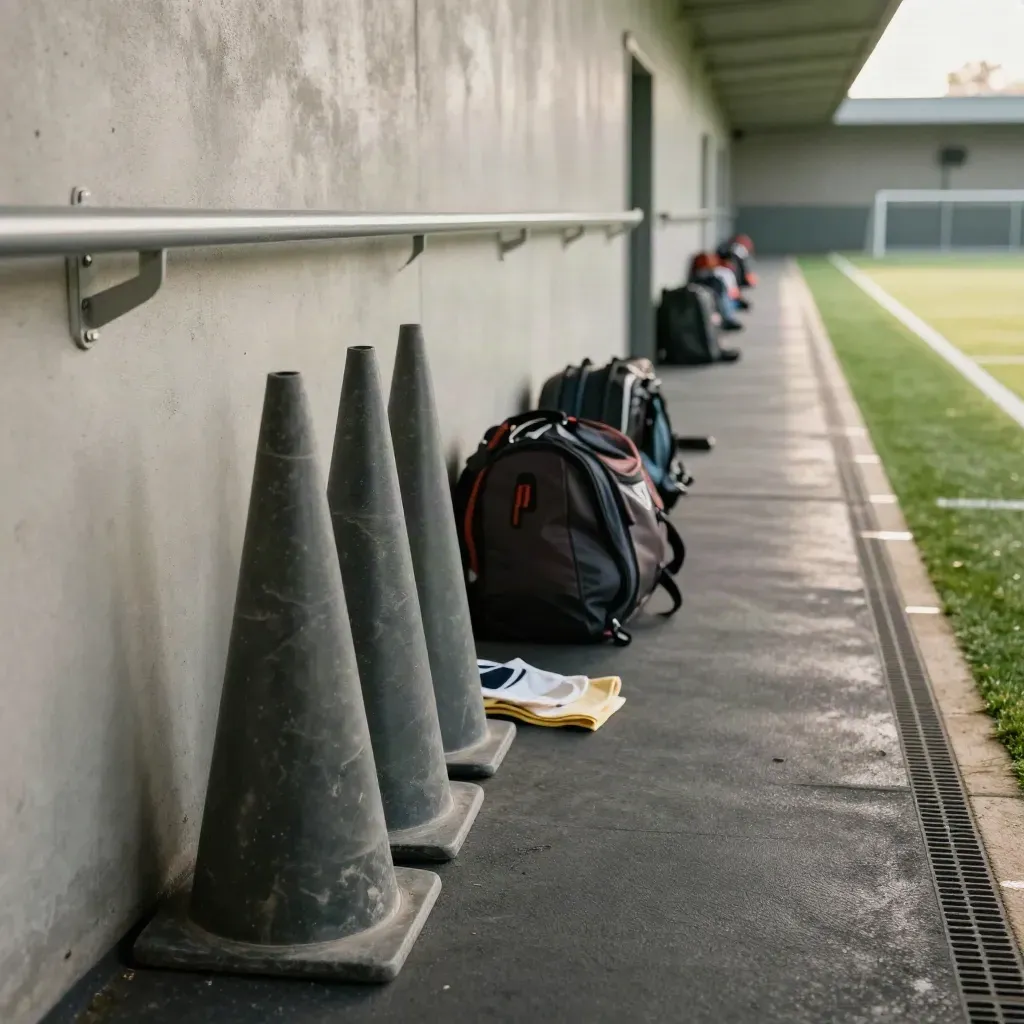 Pasillo del club con conos, bolsas de material y la salida al campo iluminada al fondo.