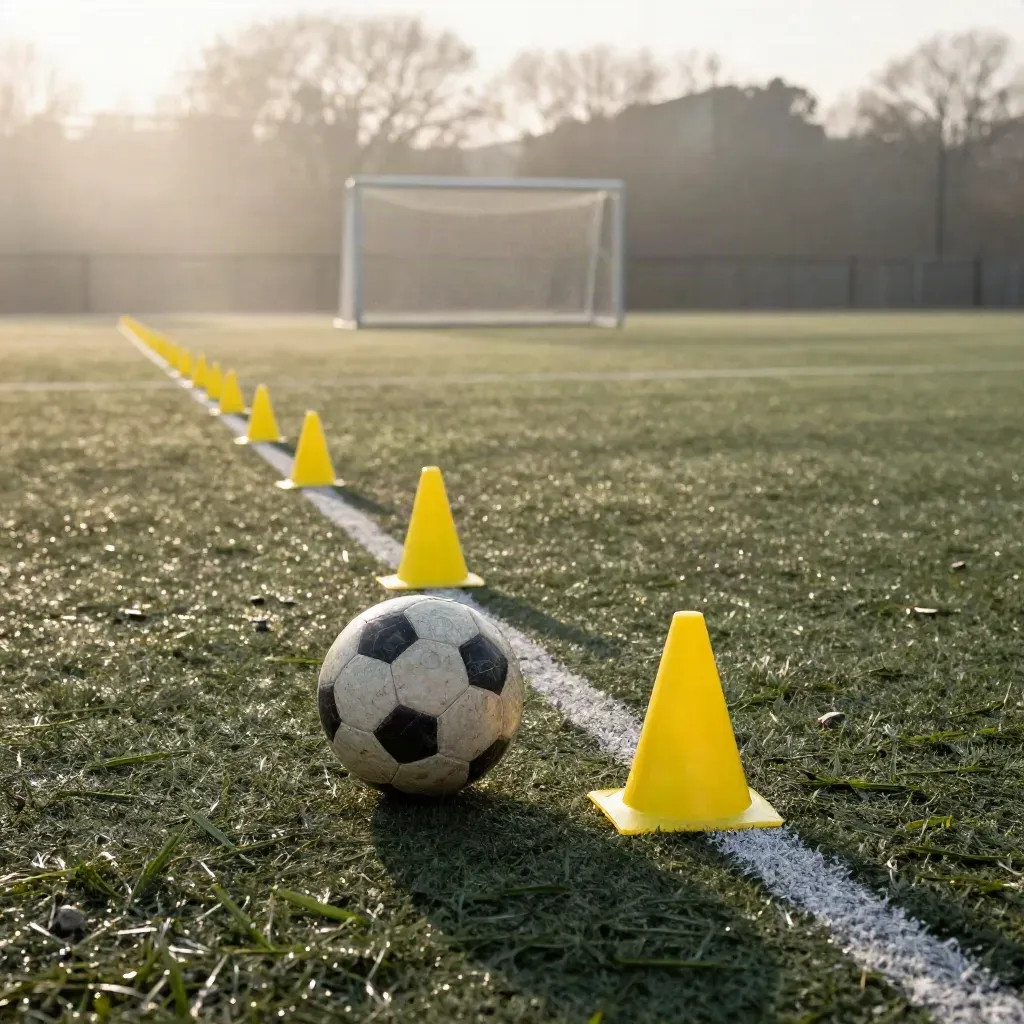 Miniporterías, conos amarillos y un balón gastado en una pista de sprint con niebla matinal.