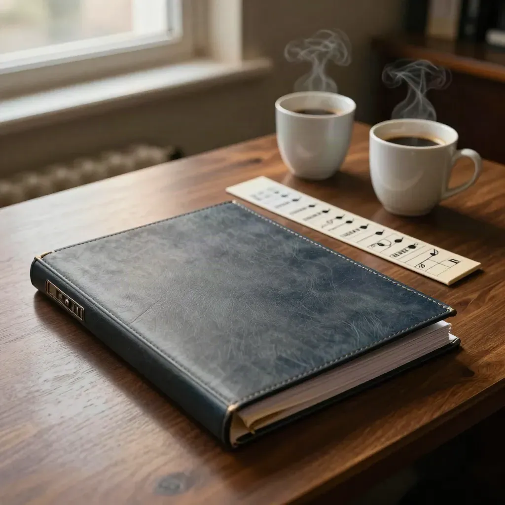 Carpeta cerrada, dos tazas de café y tira magnética táctica sobre madera cálida.