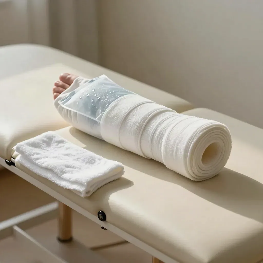 Material de fisioterapia con vendaje de tobillo, bolsa de hielo y toalla en un banco blanco.