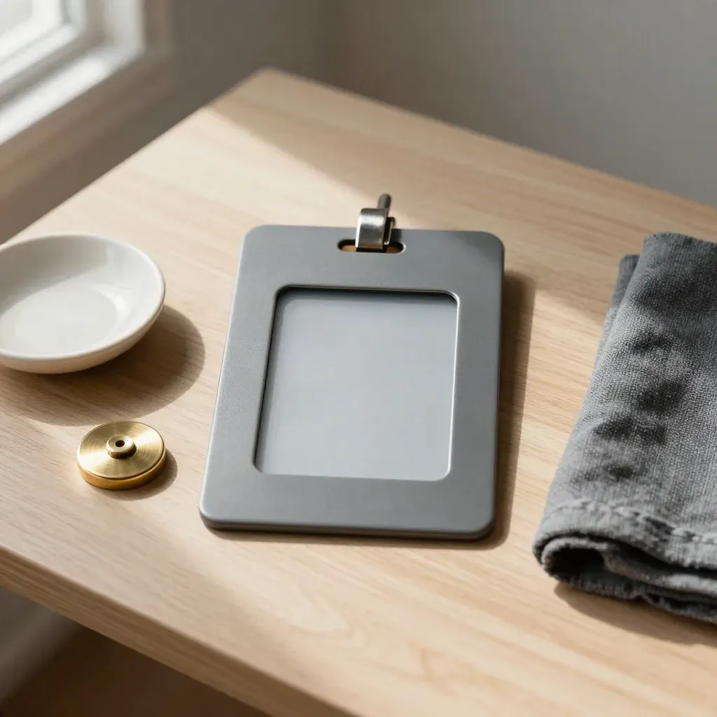 Funda de pase, ficha de acceso y cuenco cerámico sobre madera clara, en luz suave.