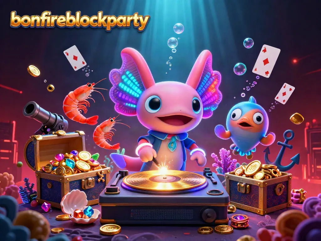 Play at bonfireblockparty with a cartoon DJ and vibrant casino elements in a lively underwater scene.