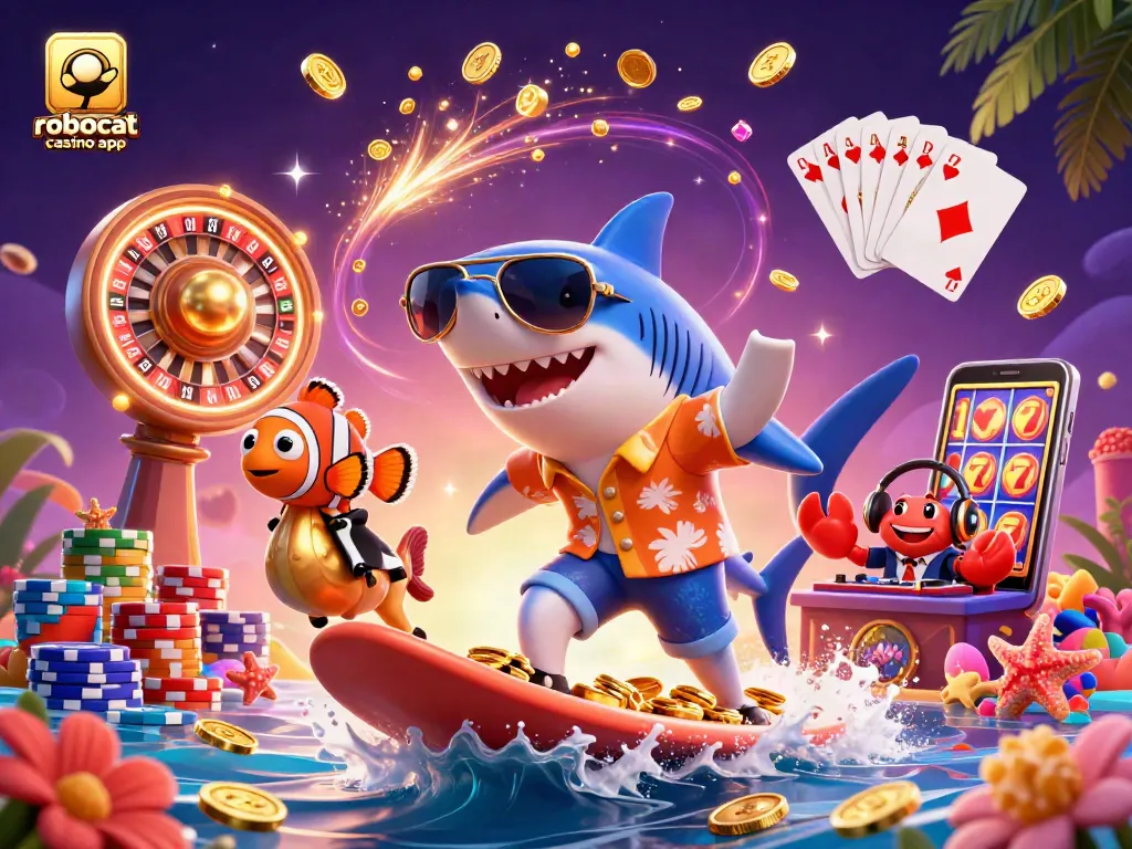 Experience the fun of robocat casino app with a vibrant, animated 3D scene of characters enjoying gaming elements.