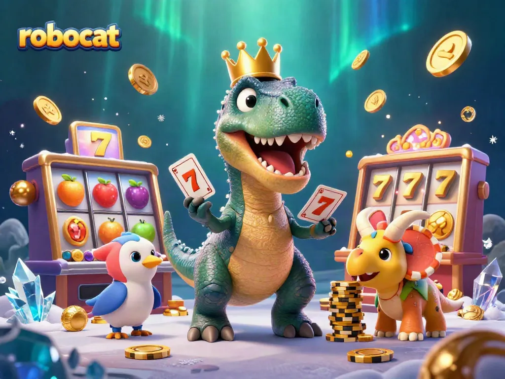 Robocat entertains with a vibrant casino scene featuring slots, T-Rex, and dynamic gaming elements.
