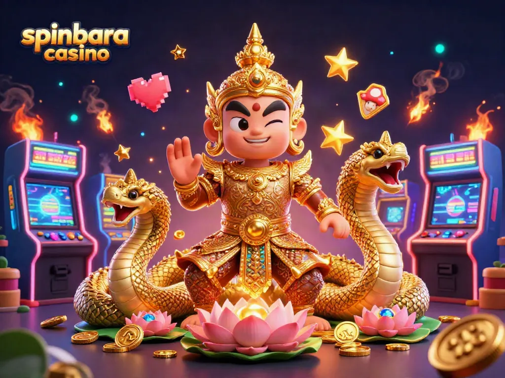 Experience thrilling gaming action at Spinbara Casino with colorful and dynamic 3D illustrations.